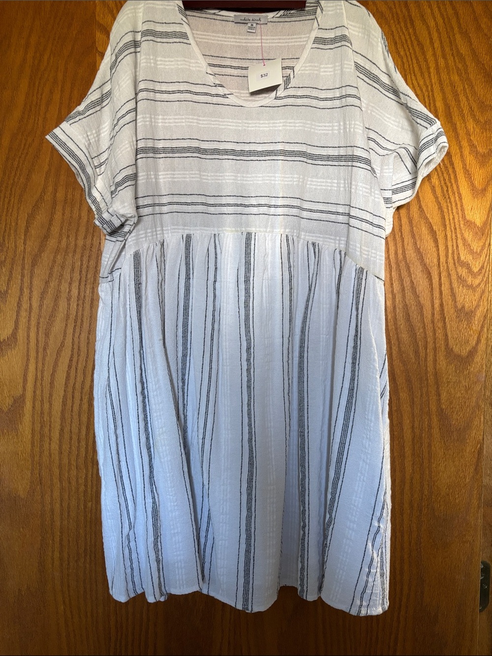 white birch White and Black Striped V-Neck Mini Dress